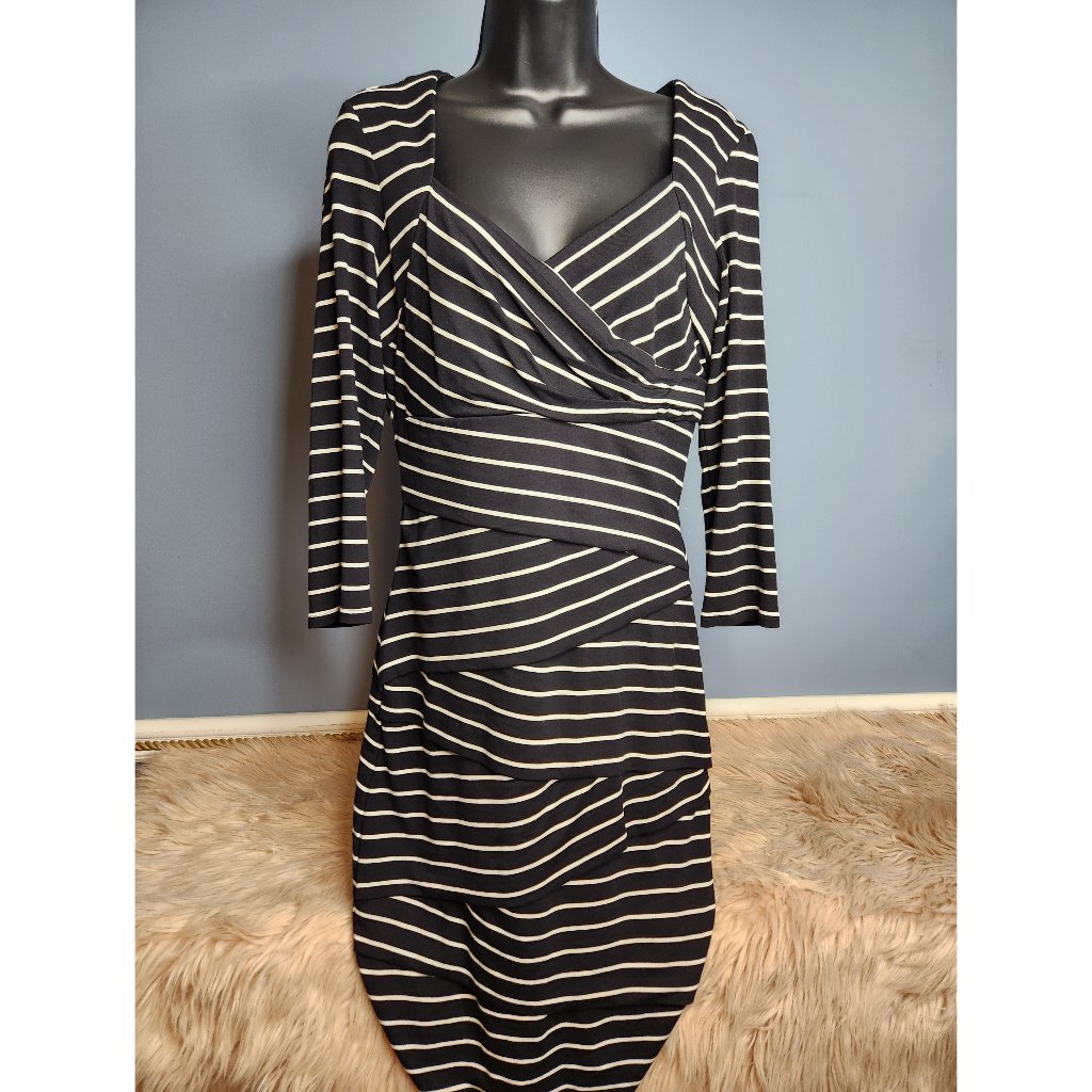 White House Black Market Striped 3/4 Sleeve Bodycon Dress -Size 8